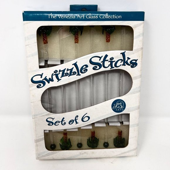Swizzle Sticks LS Arts Venezia Art Glass Palm Trees New Old Stock 2 Sets of 6 - Picture 2 of 10